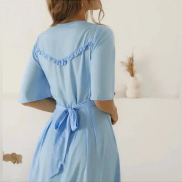 ELF | Elegant Blue Button Down Dress Lola Midi Dress Handmade Ruffle | Size XXL - Picture 3 of 11